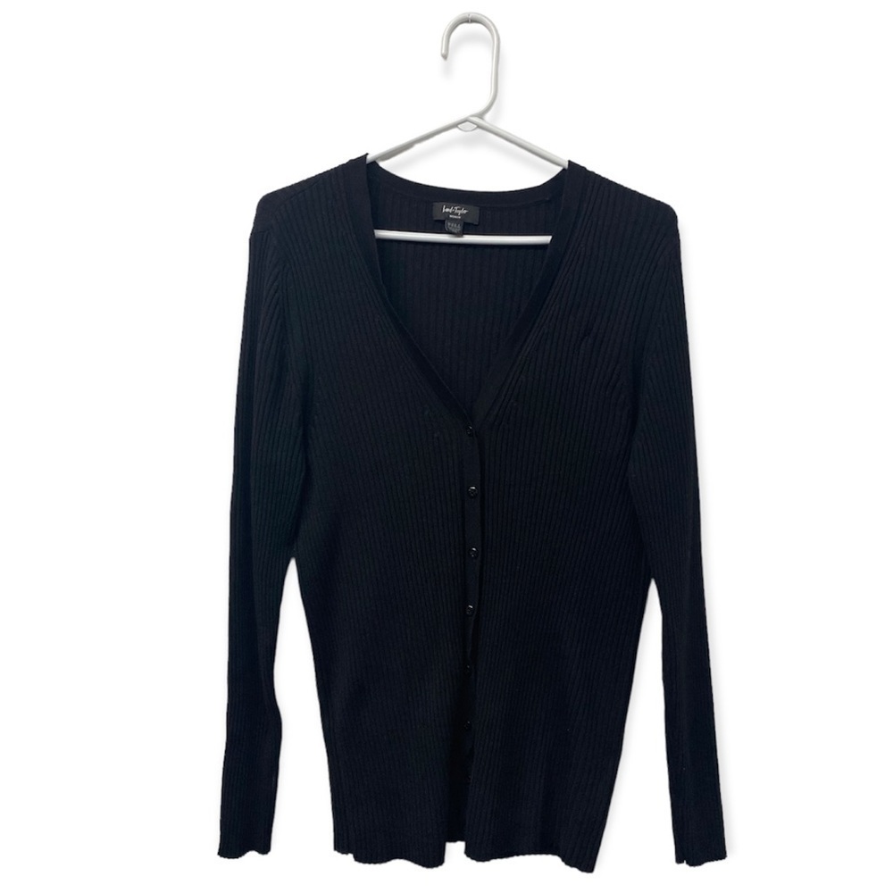 Lord & Taylor Black Rib Knit Sweater V-Neck Cardigan Size 3x